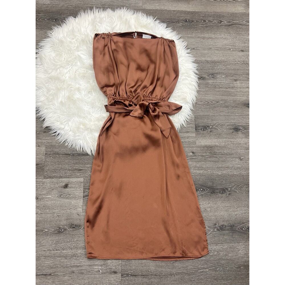 Dress Forum Women's Medium Brown Satin Cap Sleeve Belted A Line Midi‎ Dress
